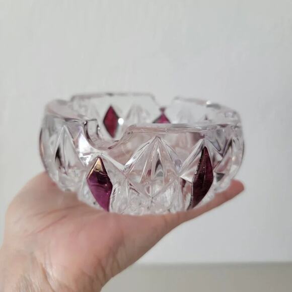 Vintage Crystal Clear Cut Glass Ashtray Purple Ruby Diamond Accent 1980s - Picture 5 of 8